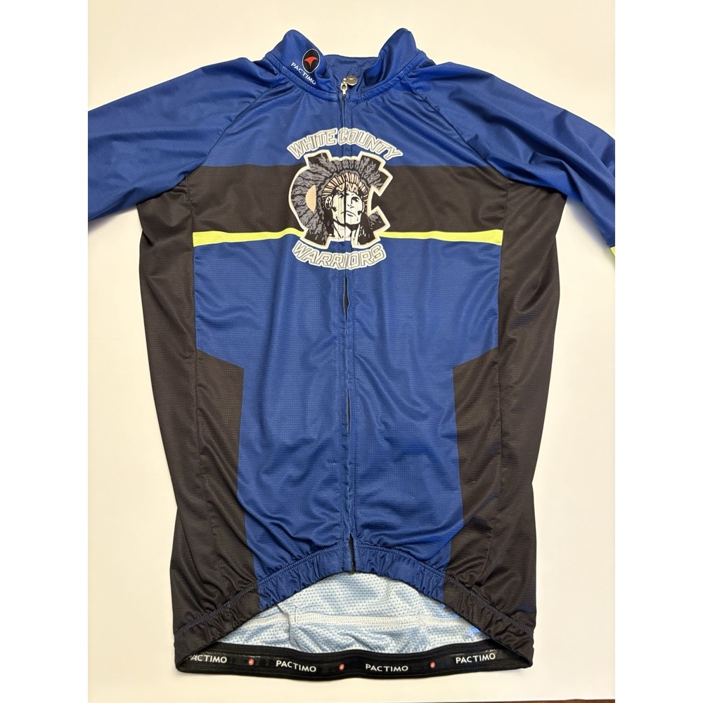 Pactimo Cycling Jersey Men XS Blue White County Warriors Full Zip Bike Patches